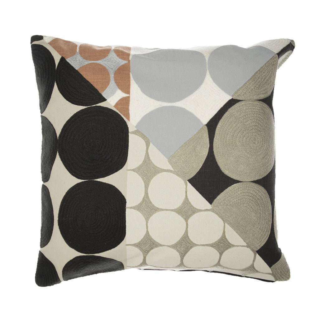 20" Beige and Black Geometric Cotton Throw Pillow With Embroidery