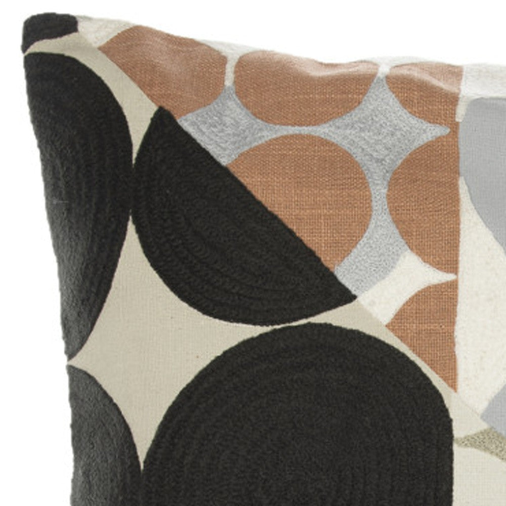 20" Beige and Black Geometric Cotton Throw Pillow With Embroidery