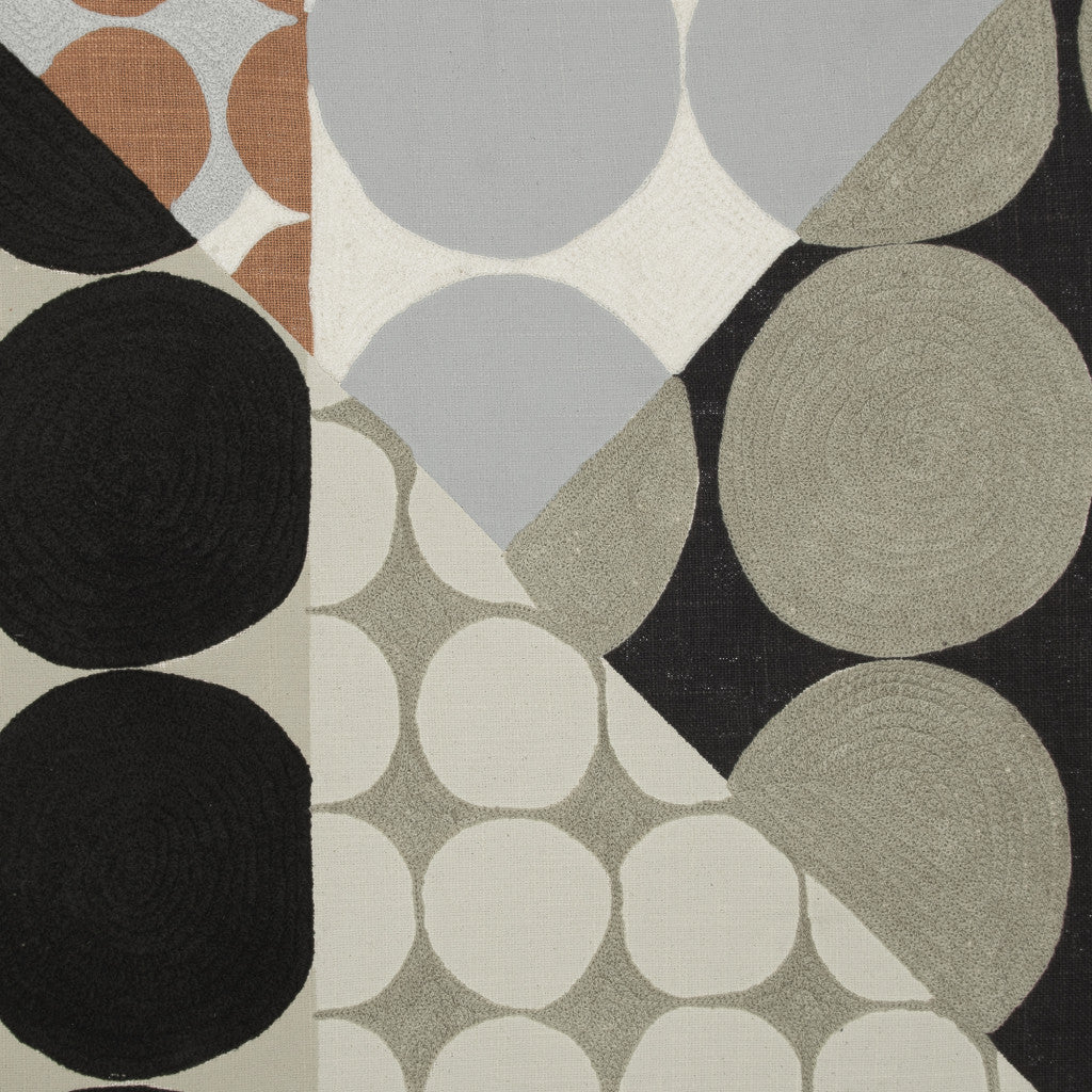 20" Beige and Black Geometric Cotton Throw Pillow With Embroidery