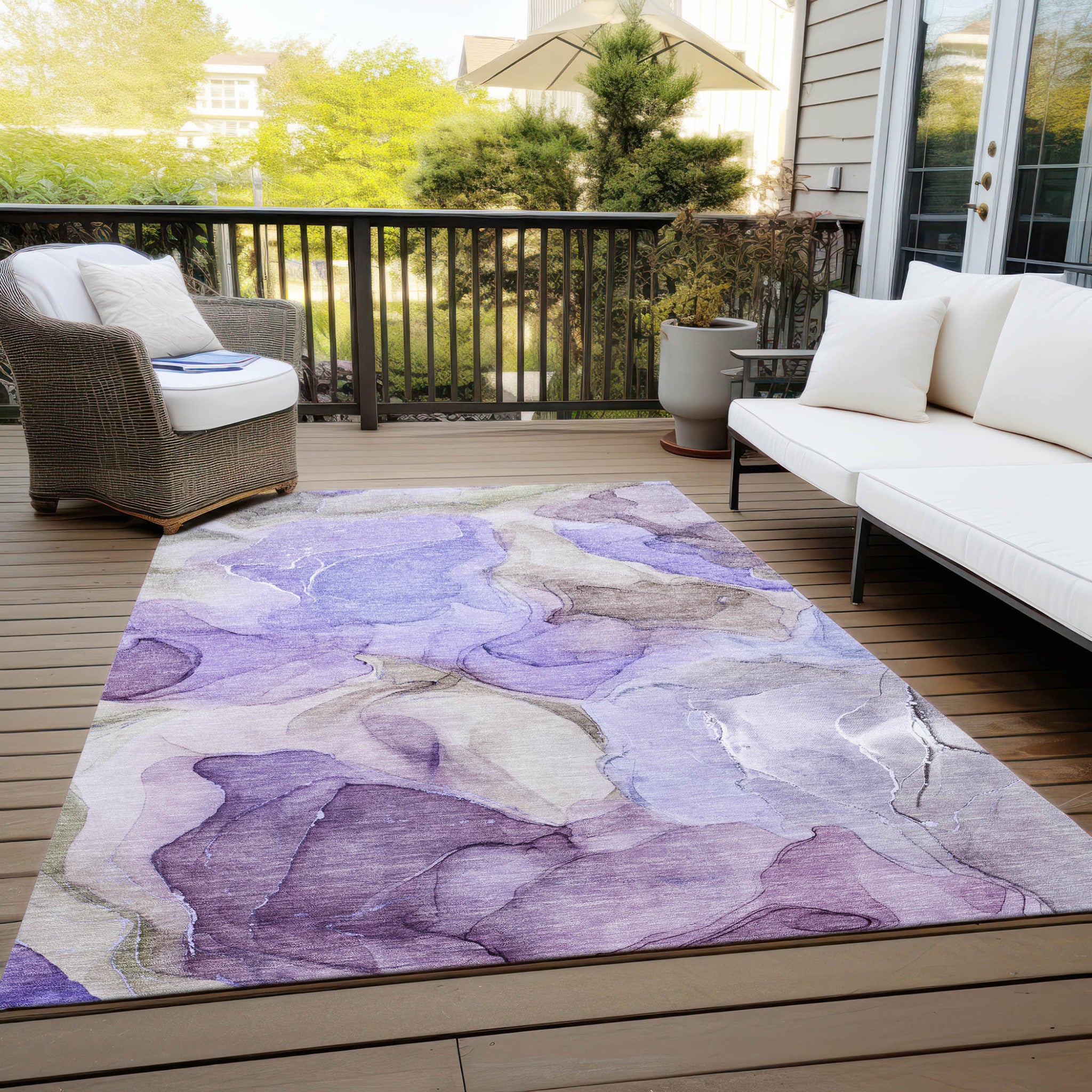 8' X 10' Gray and Purple Abstract Washable Non Skid Indoor Outdoor Area Rug