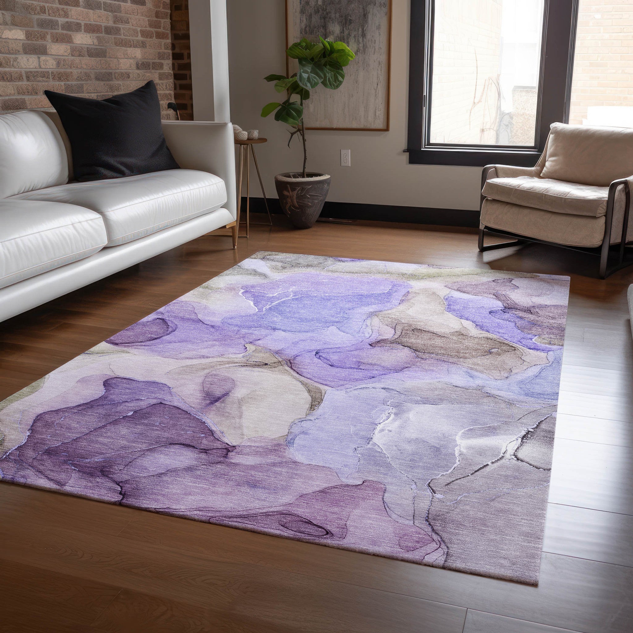 8' X 10' Gray and Purple Abstract Washable Non Skid Indoor Outdoor Area Rug