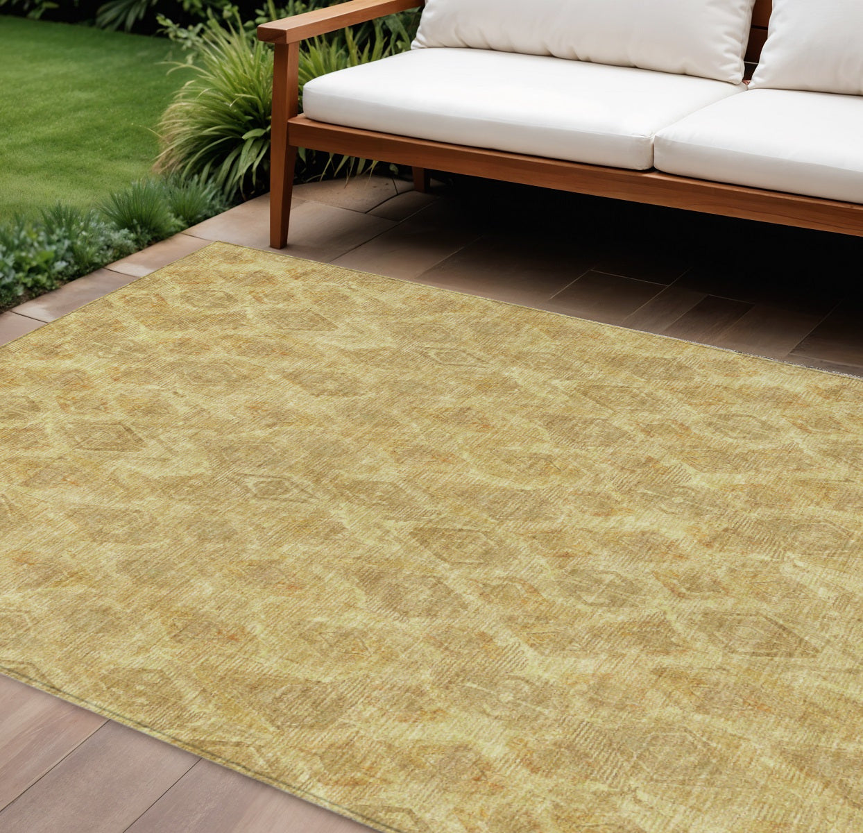 10' X 14' Gold Taupe And Beige Geometric Washable Indoor Outdoor Area Rug