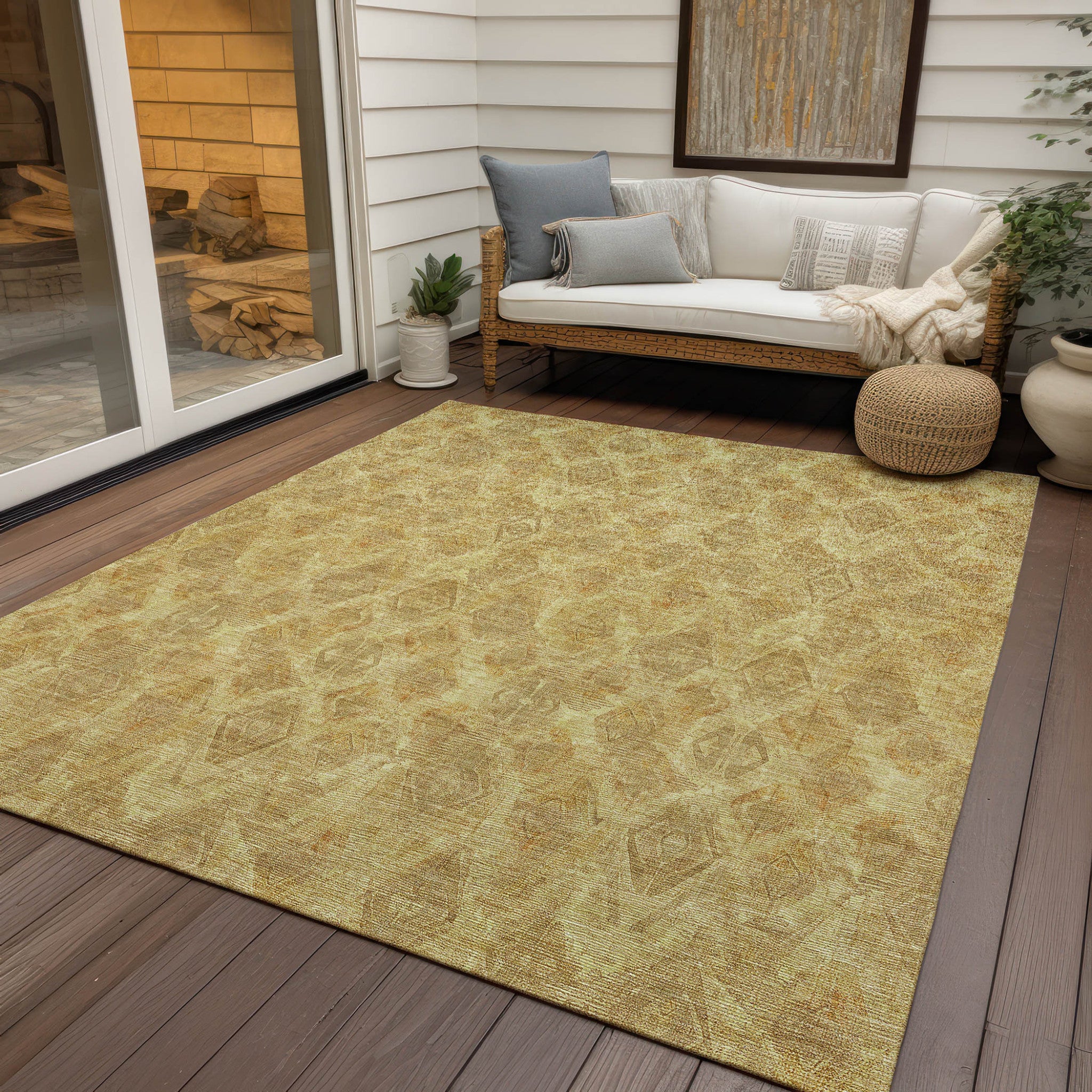 10' X 14' Gold Taupe And Beige Geometric Washable Indoor Outdoor Area Rug