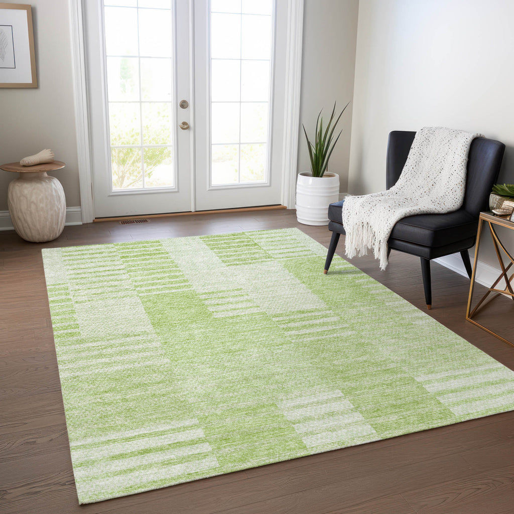 10' X 14' Artichoke Green And Mint Green Striped Washable Indoor Outdoor Area Rug