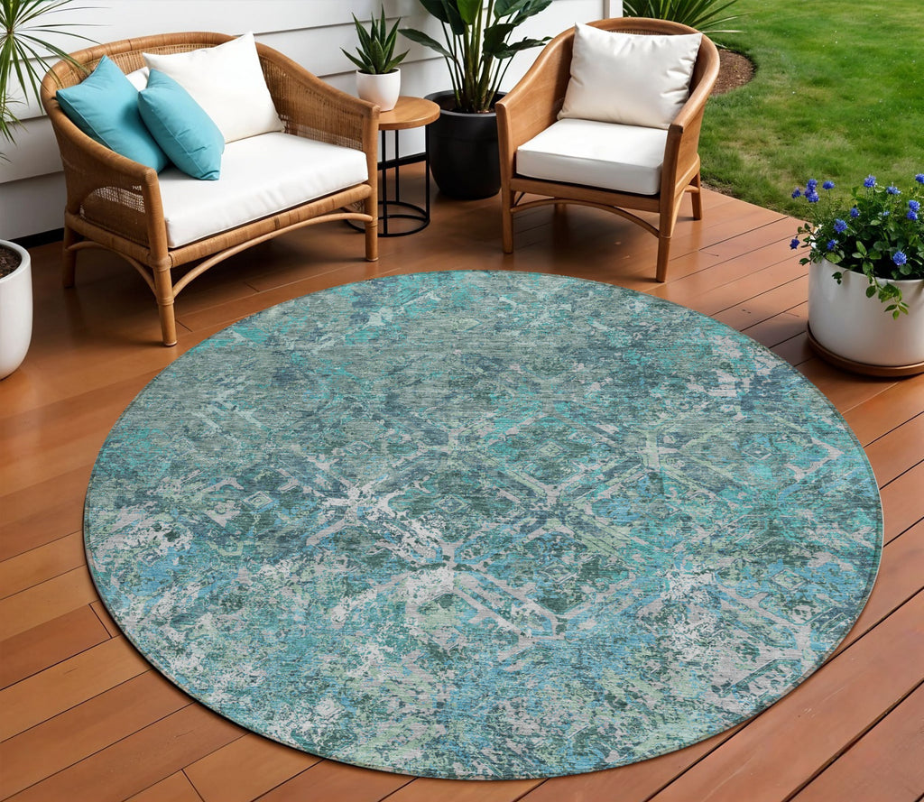 8' Sage Teal Blue And Gray Round Geometric Washable Indoor Outdoor Area Rug