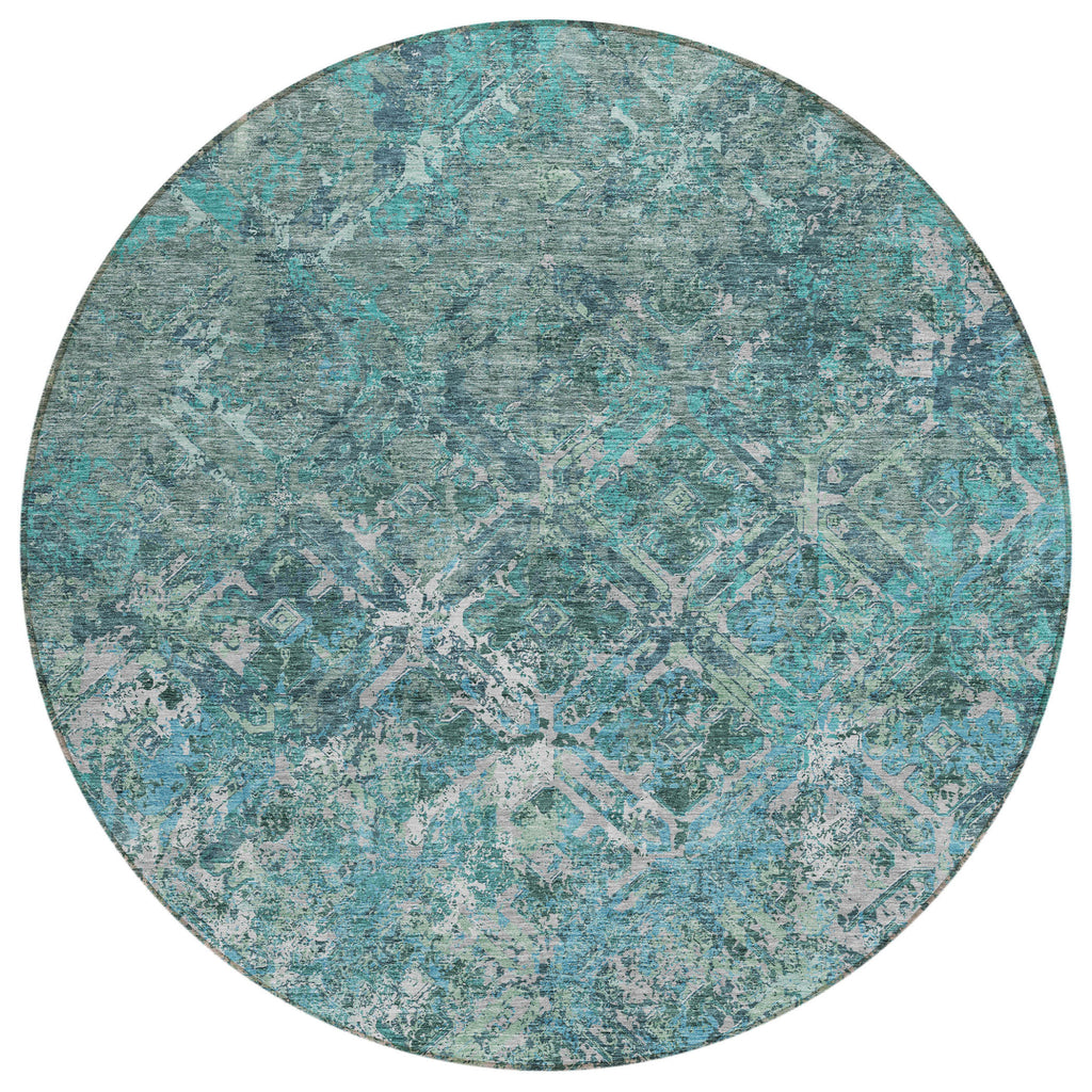 8' Sage Teal Blue And Gray Round Geometric Washable Indoor Outdoor Area Rug