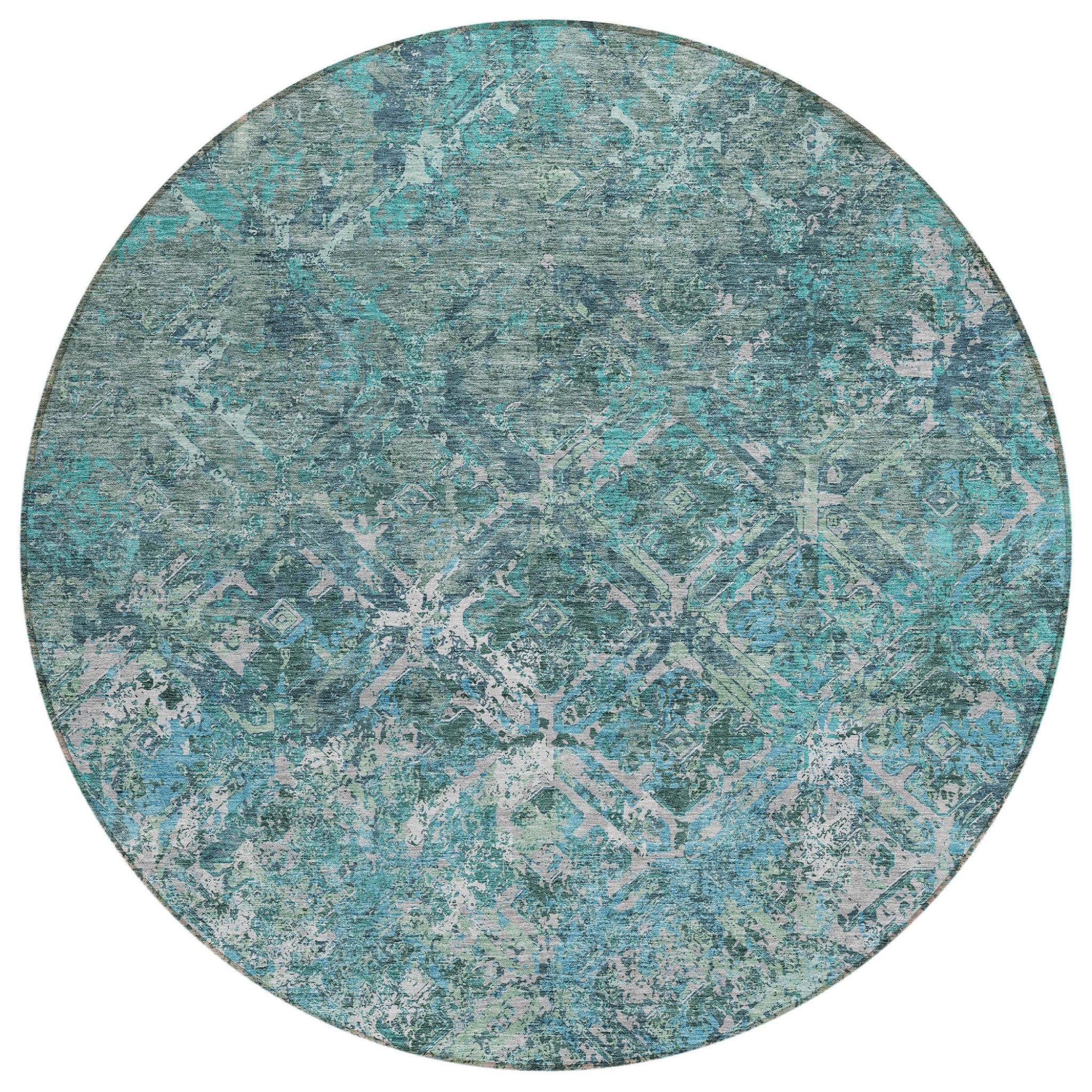 8' Sage Teal Blue And Gray Round Geometric Washable Indoor Outdoor Area Rug