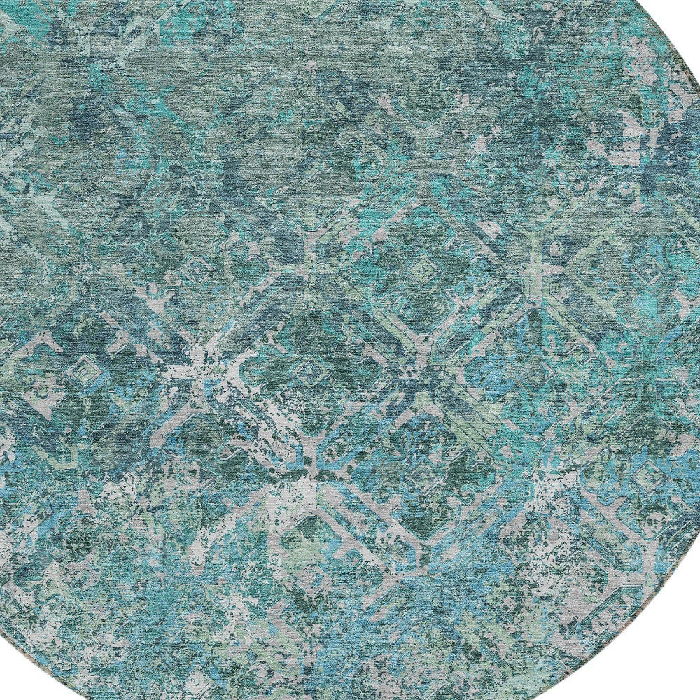 8' Sage Teal Blue And Gray Round Geometric Washable Indoor Outdoor Area Rug