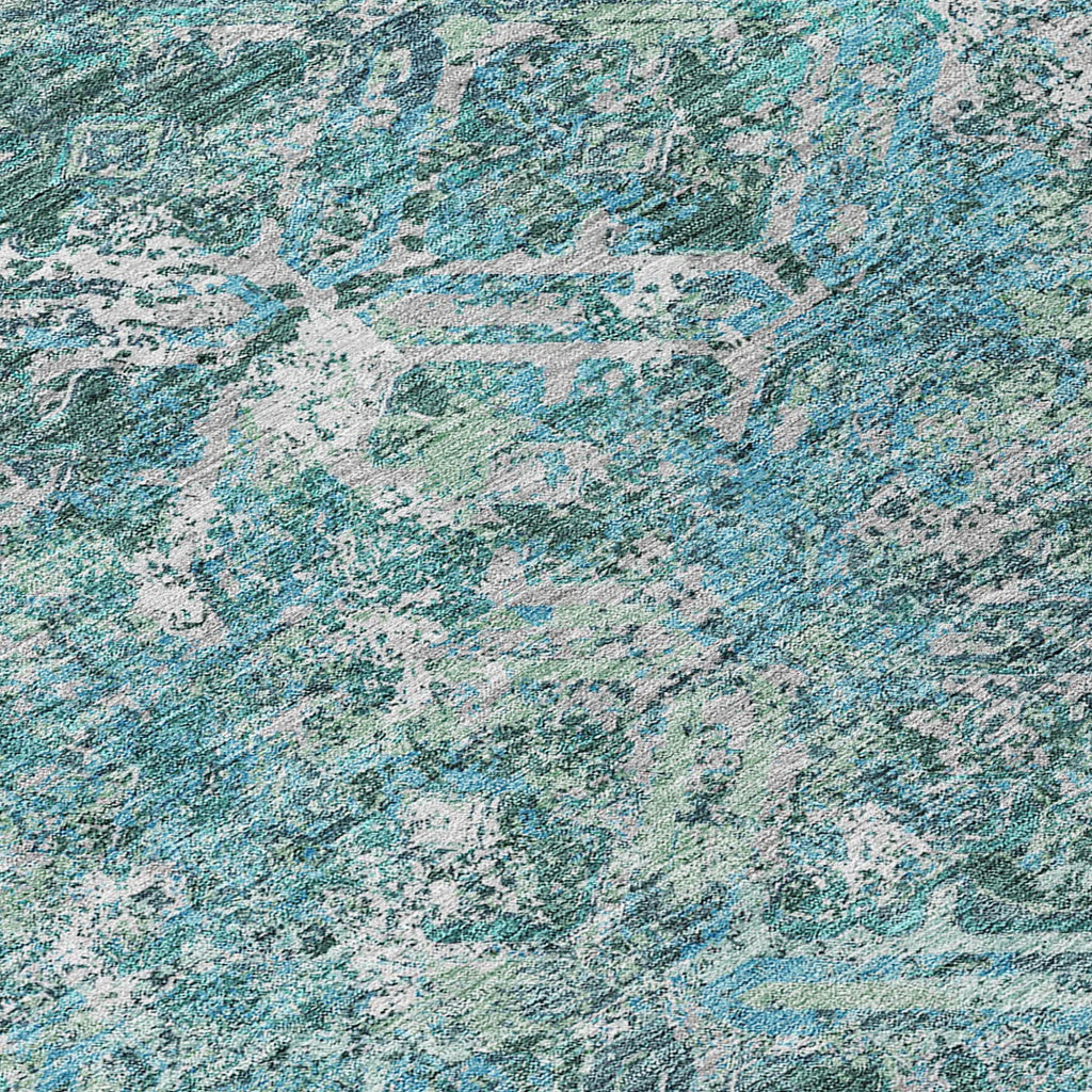 8' Sage Teal Blue And Gray Round Geometric Washable Indoor Outdoor Area Rug