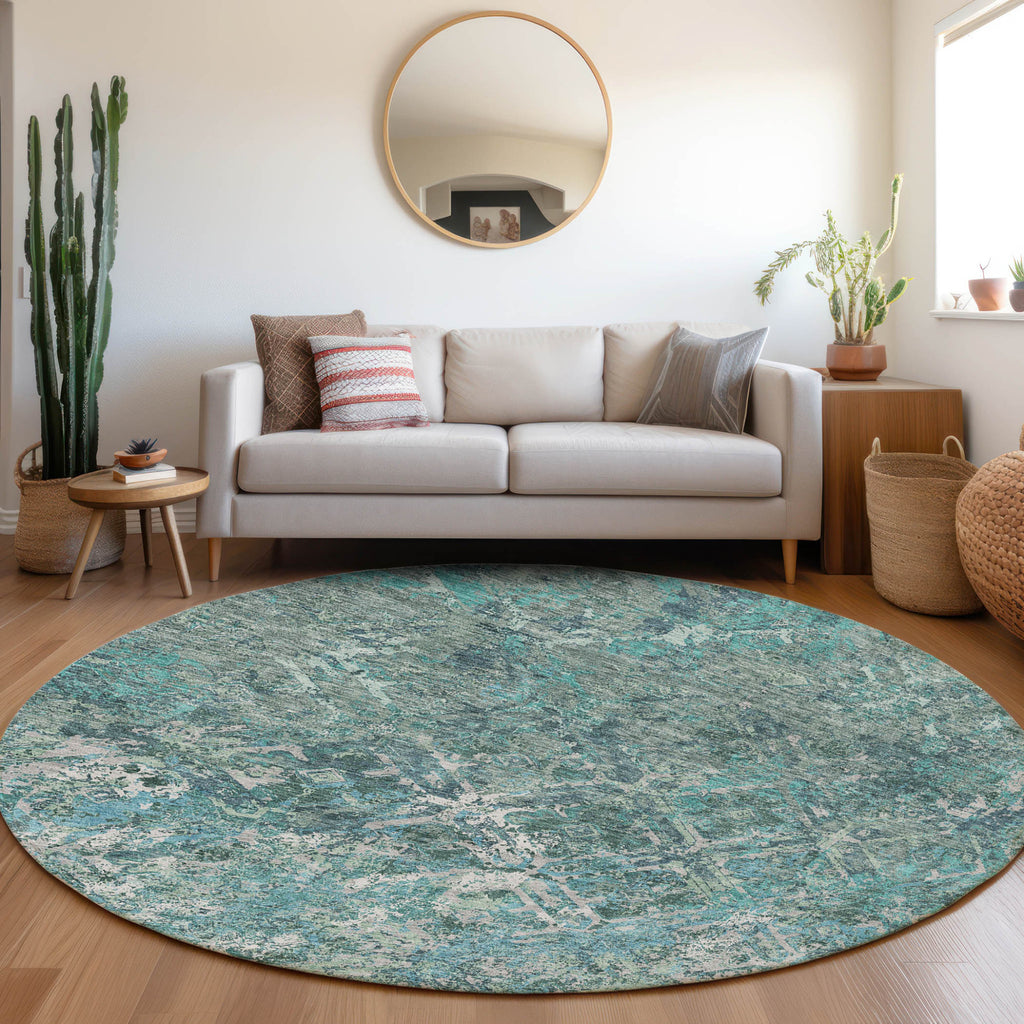 8' Sage Teal Blue And Gray Round Geometric Washable Indoor Outdoor Area Rug