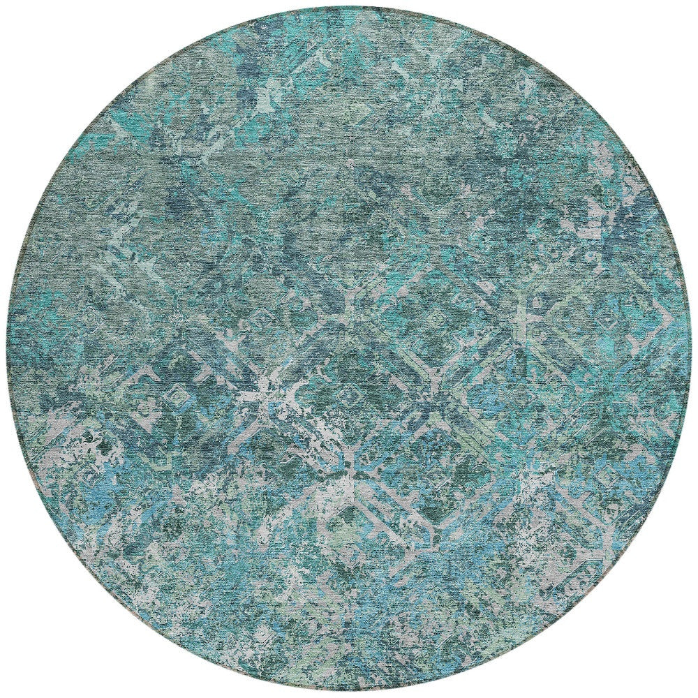 8' Sage Teal Blue And Gray Round Geometric Washable Indoor Outdoor Area Rug