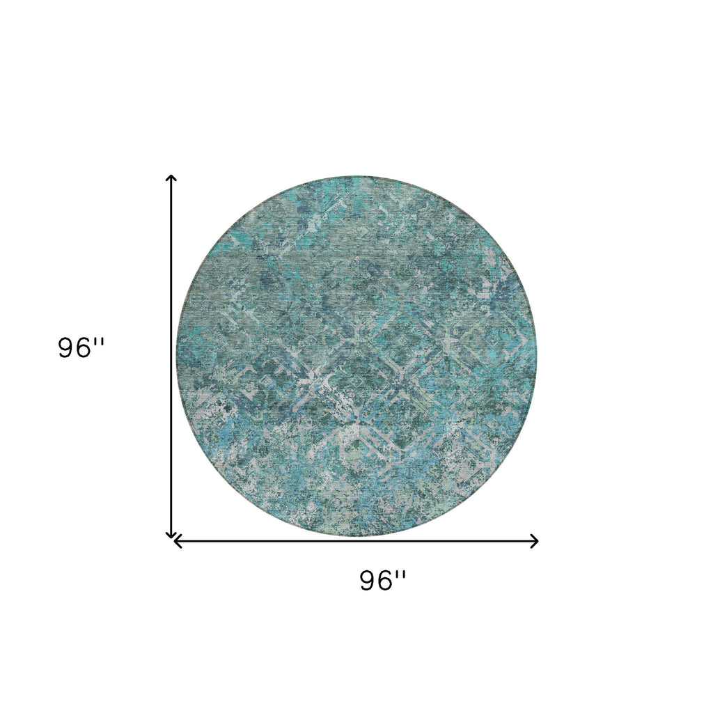 8' Sage Teal Blue And Gray Round Geometric Washable Indoor Outdoor Area Rug