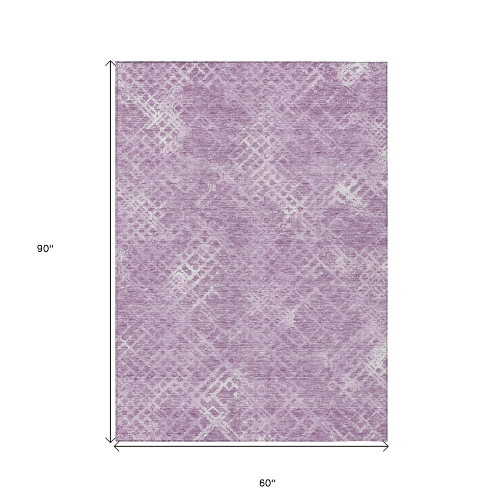 5' X 8' Lavender Purple And Ivory Geometric Washable Indoor Outdoor Area Rug