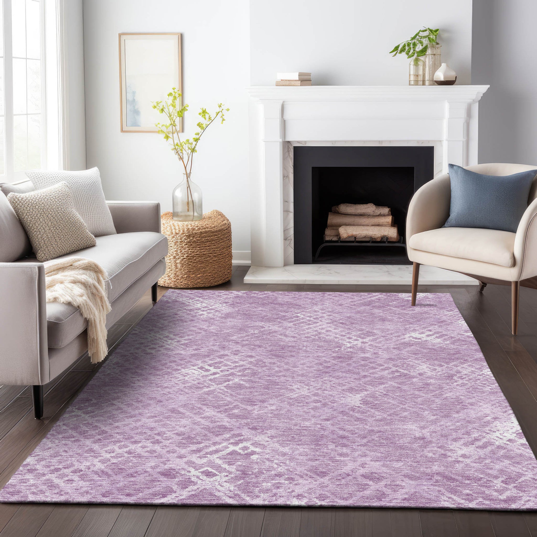 5' X 8' Lavender Purple And Ivory Geometric Washable Indoor Outdoor Area Rug