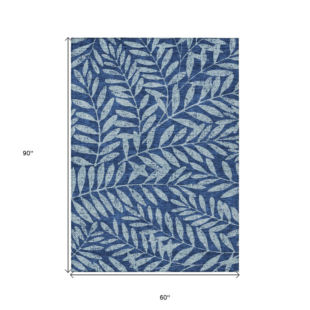 5' X 8' Navy Blue And Light Blue Floral Washable Indoor Outdoor Area Rug