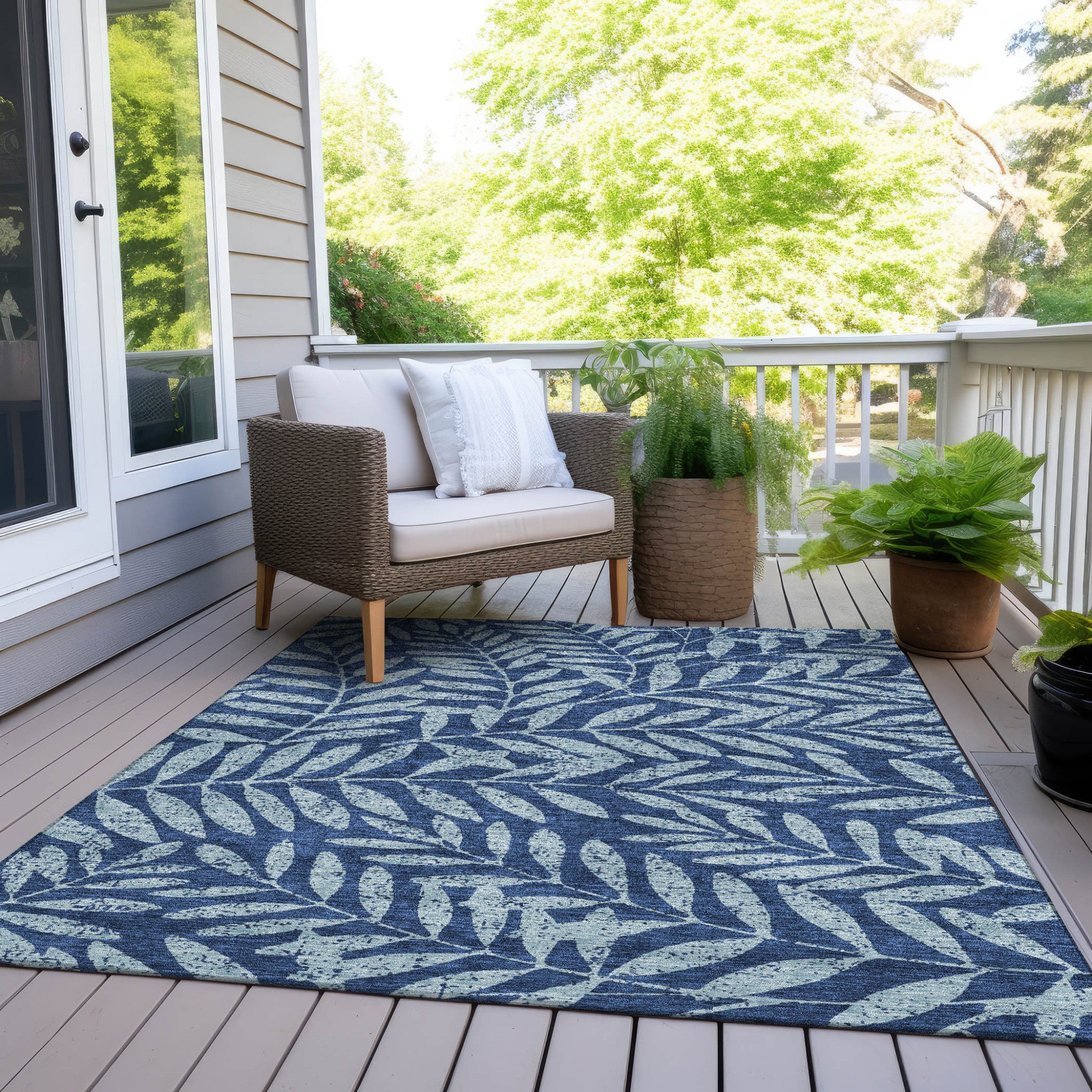 5' X 8' Navy Blue And Light Blue Floral Washable Indoor Outdoor Area Rug