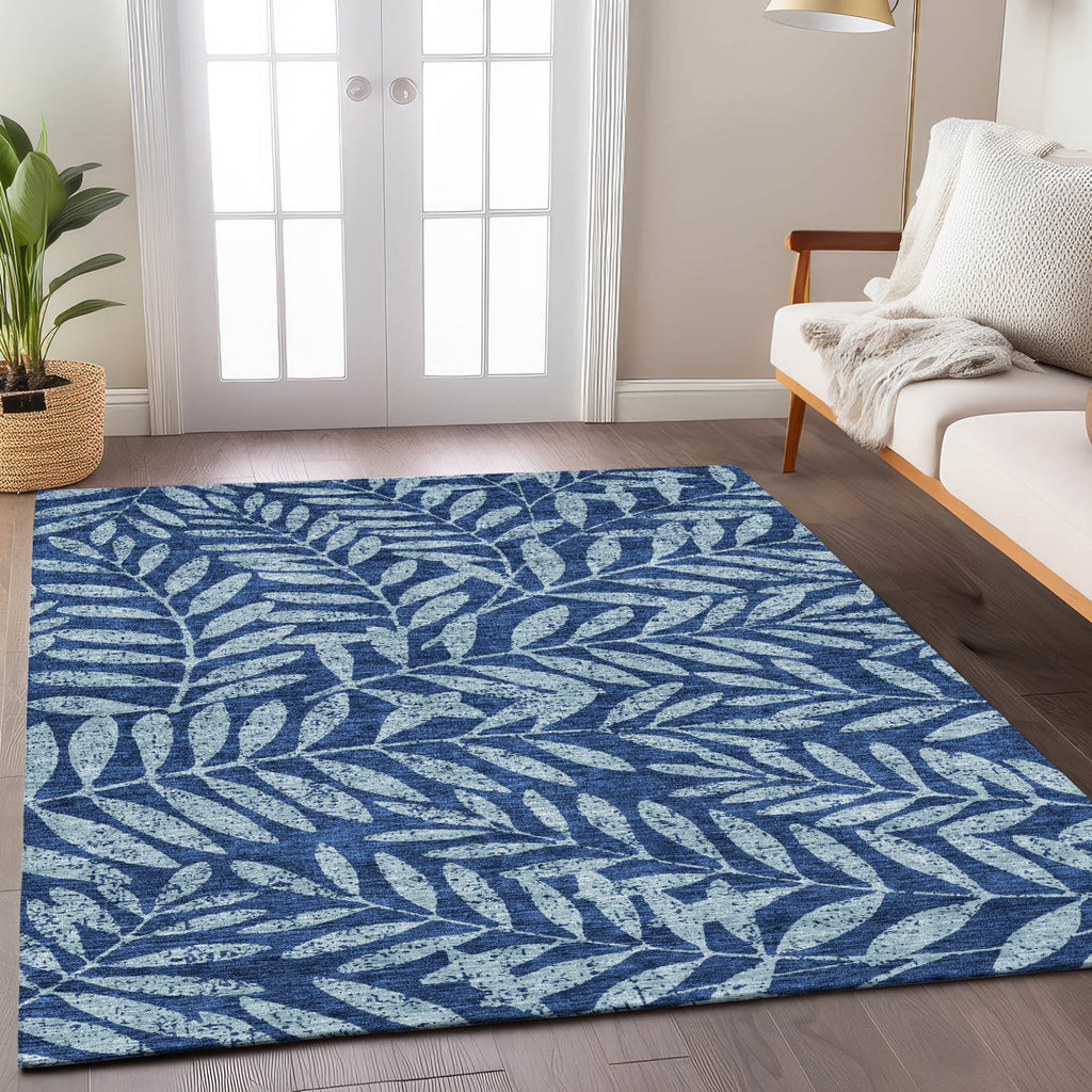 5' X 8' Navy Blue And Light Blue Floral Washable Indoor Outdoor Area Rug