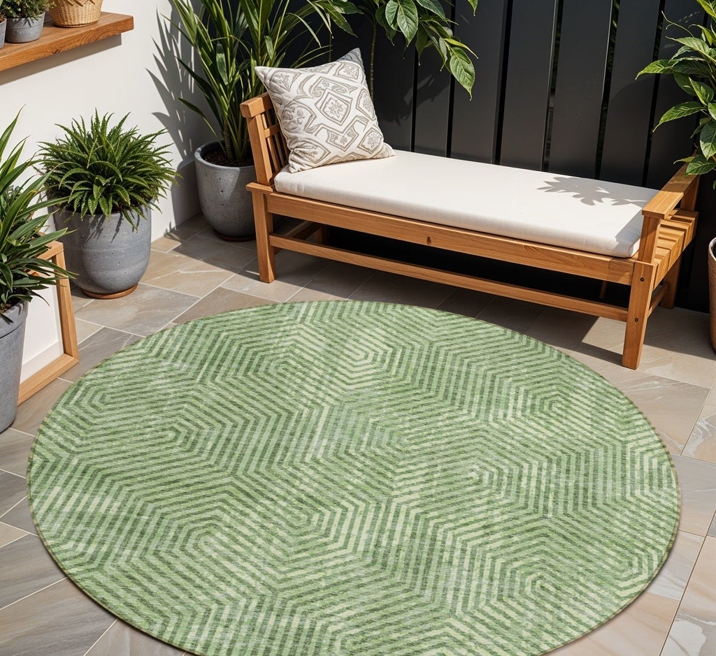 8' Green And Light Green Round Geometric Washable Indoor Outdoor Area Rug