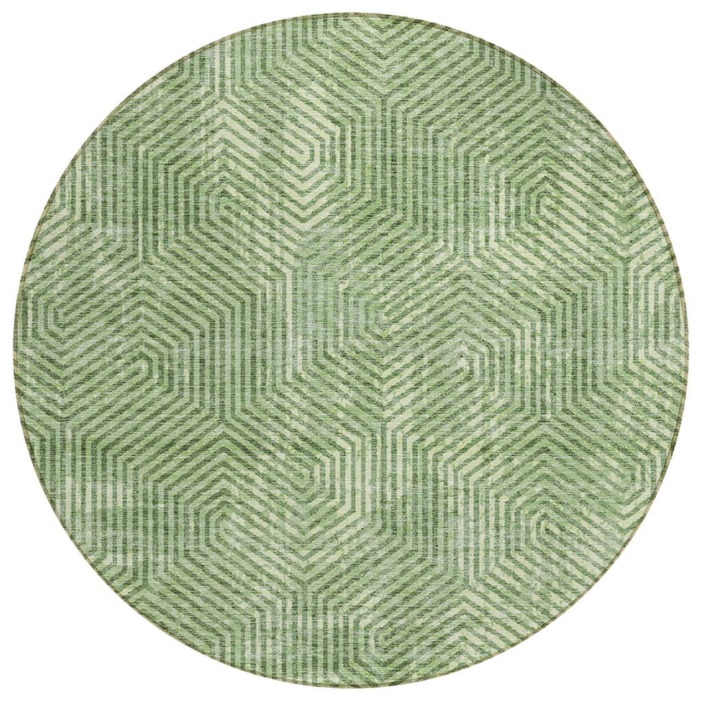 8' Green And Light Green Round Geometric Washable Indoor Outdoor Area Rug