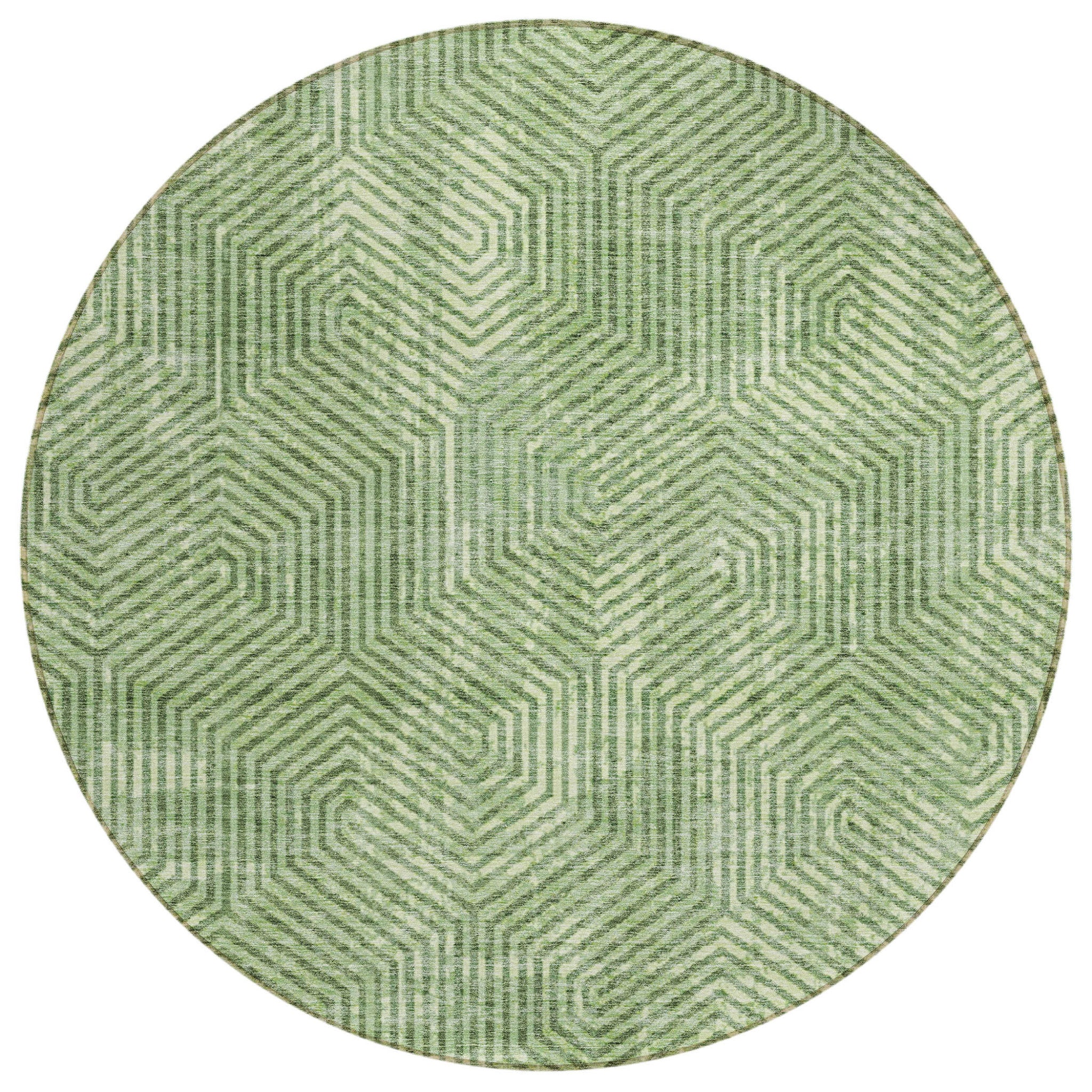 8' Green And Light Green Round Geometric Washable Indoor Outdoor Area Rug