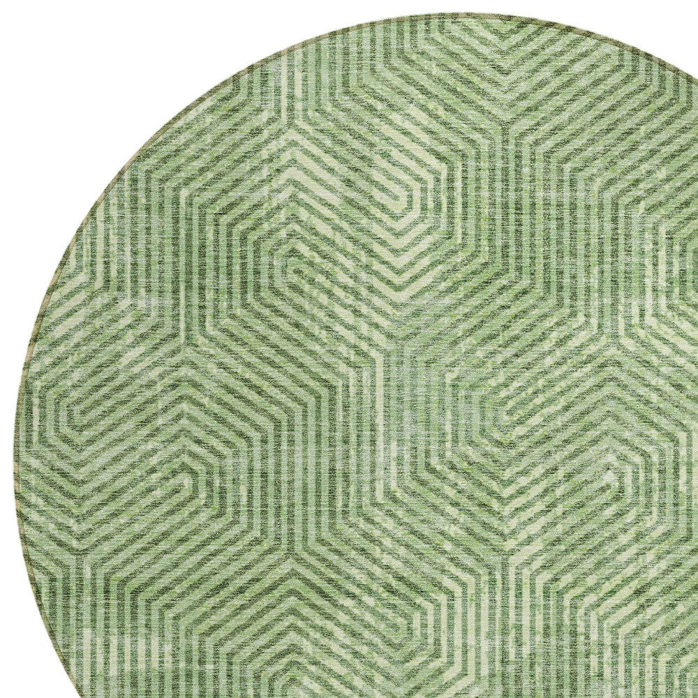 8' Green And Light Green Round Geometric Washable Indoor Outdoor Area Rug