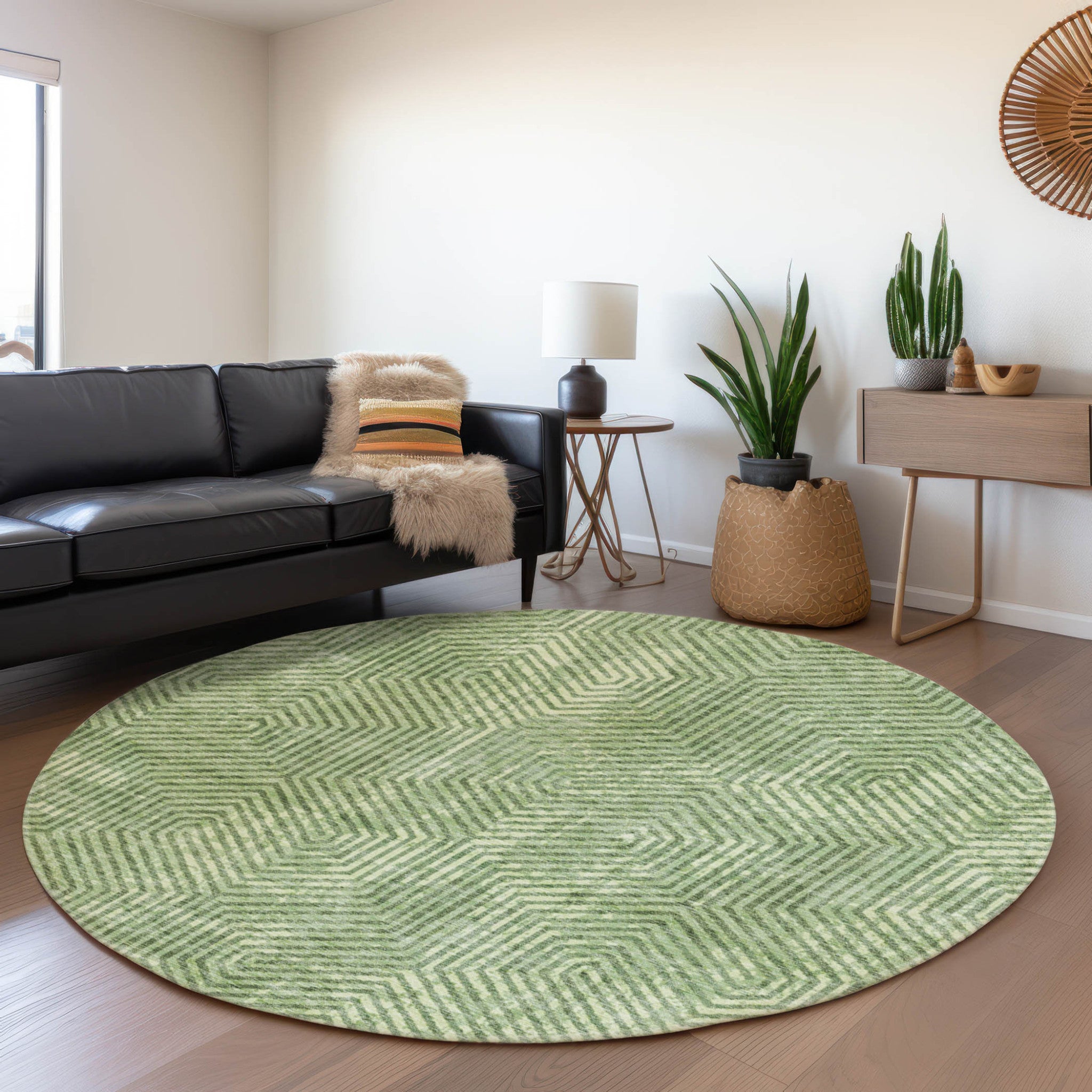 8' Green And Light Green Round Geometric Washable Indoor Outdoor Area Rug