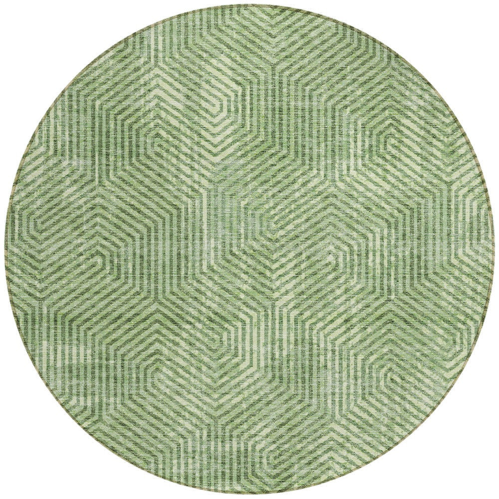 8' Green And Light Green Round Geometric Washable Indoor Outdoor Area Rug