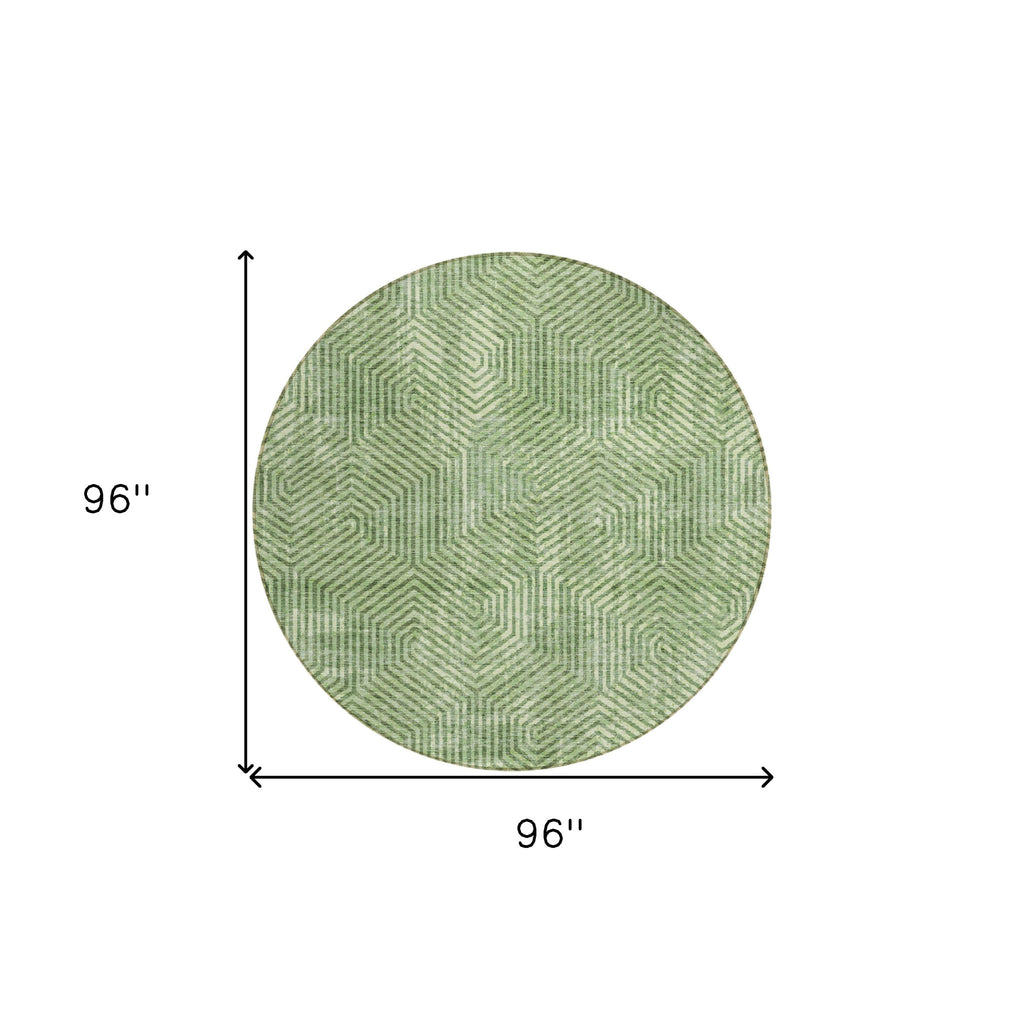 8' Green And Light Green Round Geometric Washable Indoor Outdoor Area Rug