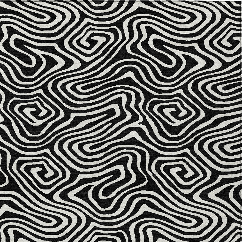 10' X 14' Black And Ivory Abstract Washable Indoor Outdoor Area Rug