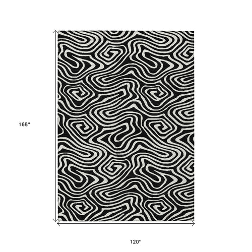 10' X 14' Black And Ivory Abstract Washable Indoor Outdoor Area Rug