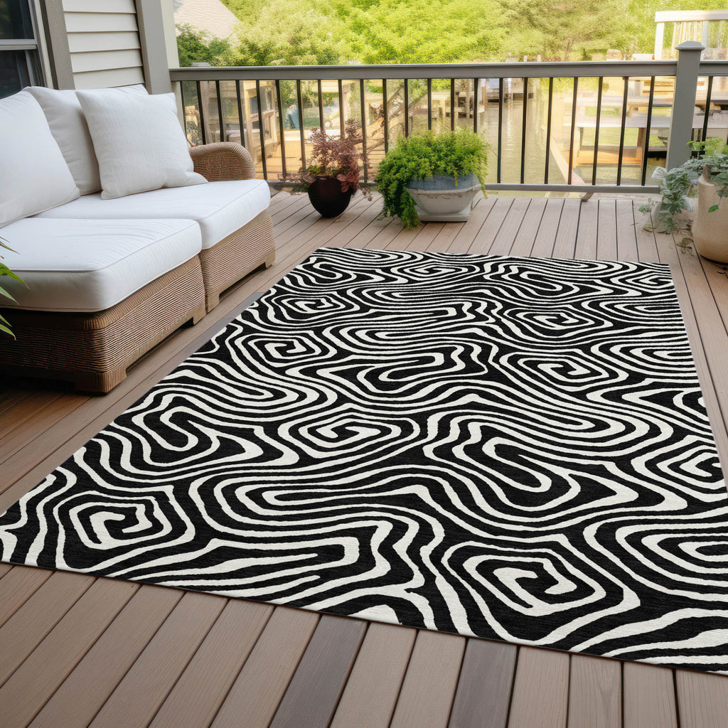 10' X 14' Black And Ivory Abstract Washable Indoor Outdoor Area Rug
