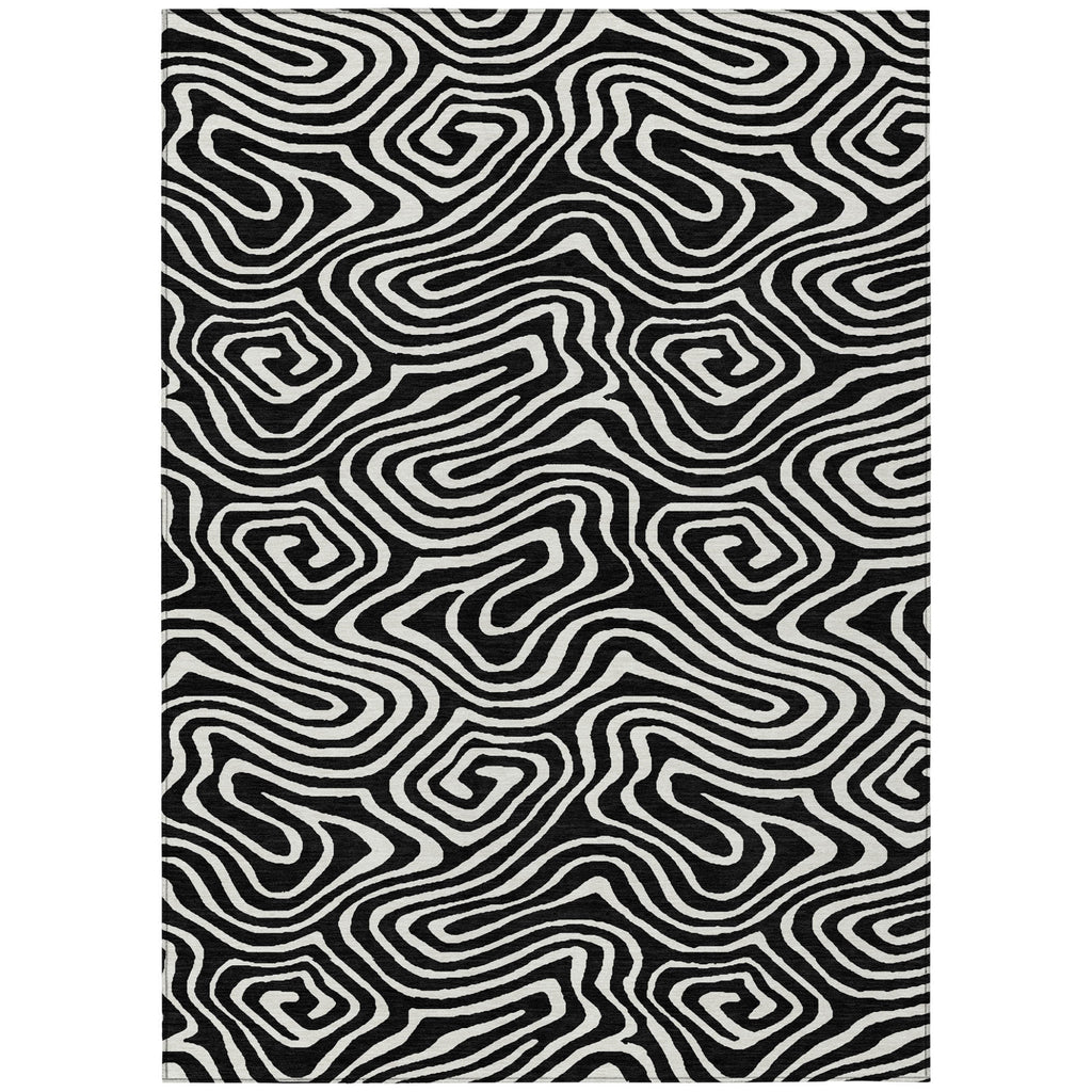 10' X 14' Black And Ivory Abstract Washable Indoor Outdoor Area Rug