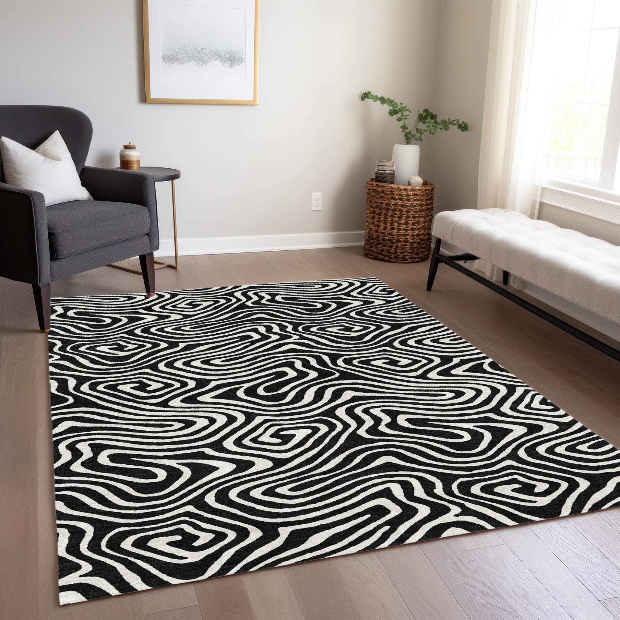 10' X 14' Black And Ivory Abstract Washable Indoor Outdoor Area Rug