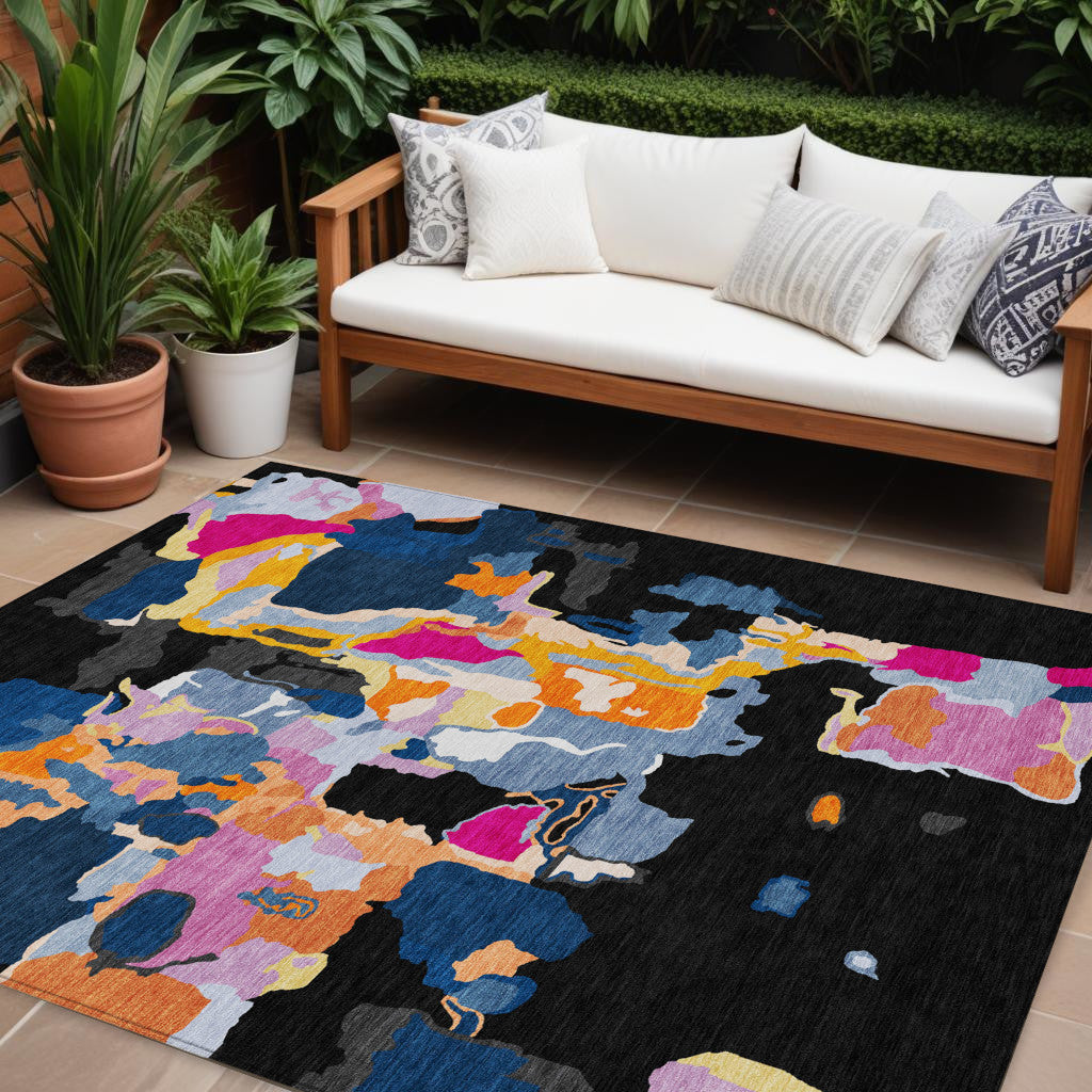 9' X 12' Black Blue And Pink Abstract Washable Indoor Outdoor Area Rug