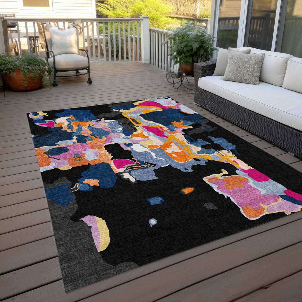 9' X 12' Black Blue And Pink Abstract Washable Indoor Outdoor Area Rug