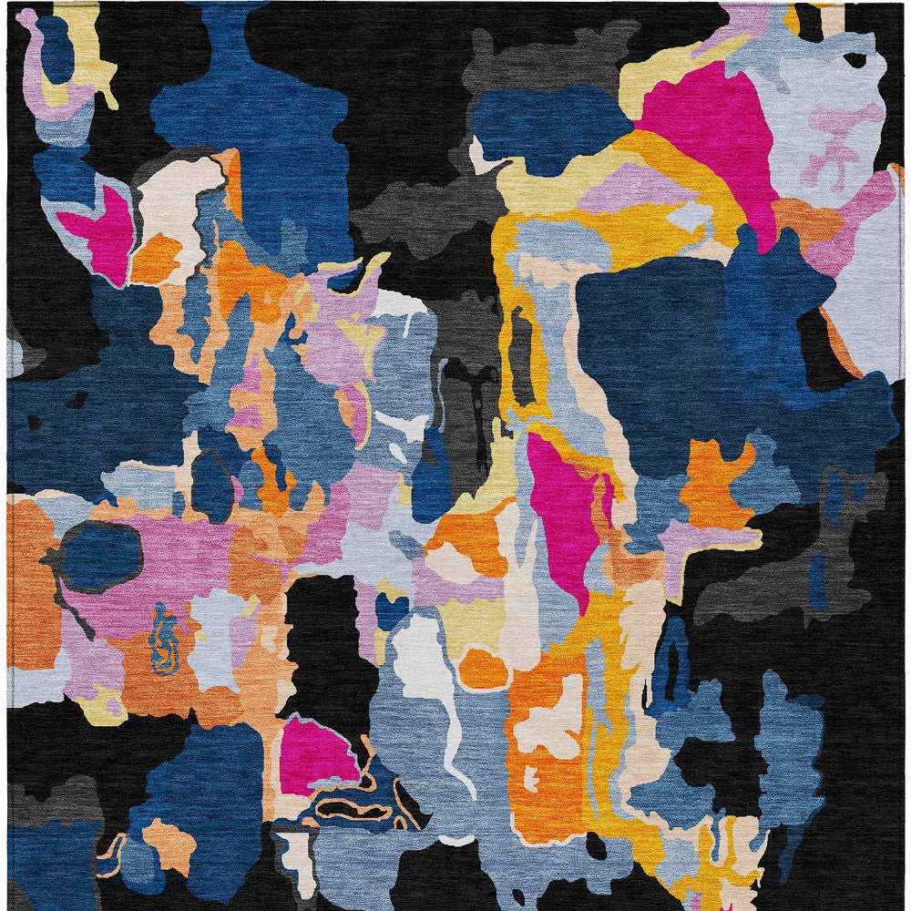 9' X 12' Black Blue And Pink Abstract Washable Indoor Outdoor Area Rug