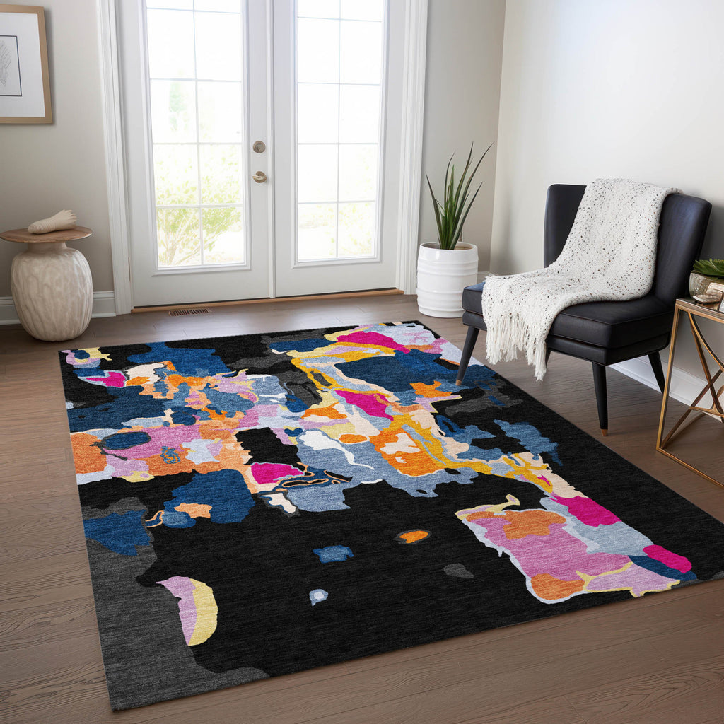9' X 12' Black Blue And Pink Abstract Washable Indoor Outdoor Area Rug