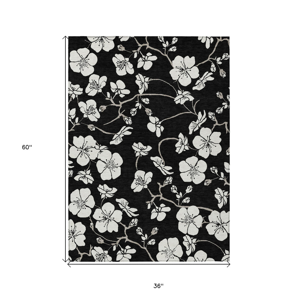 3' X 5' Black Ivory And Gray Floral Washable Indoor Outdoor Area Rug