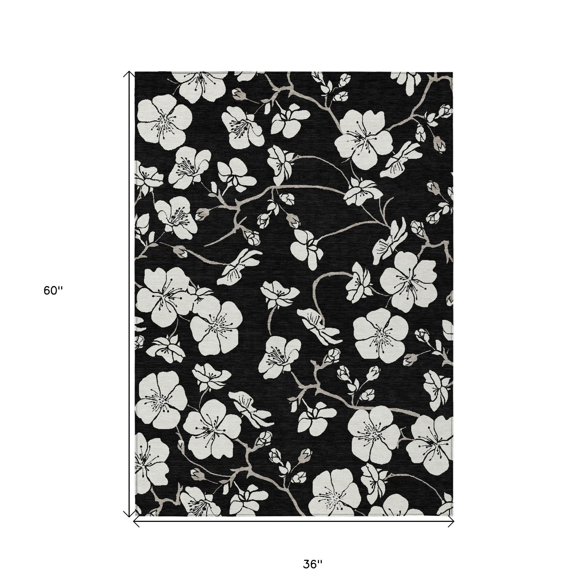 3' X 5' Black Ivory And Gray Floral Washable Indoor Outdoor Area Rug
