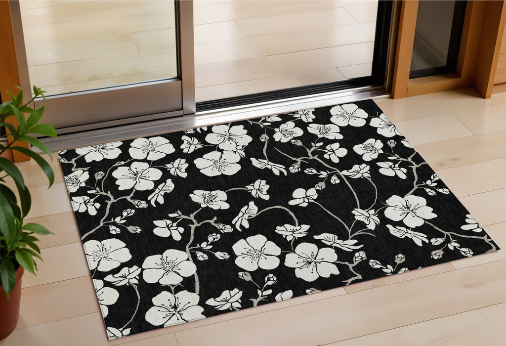3' X 5' Black Ivory And Gray Floral Washable Indoor Outdoor Area Rug