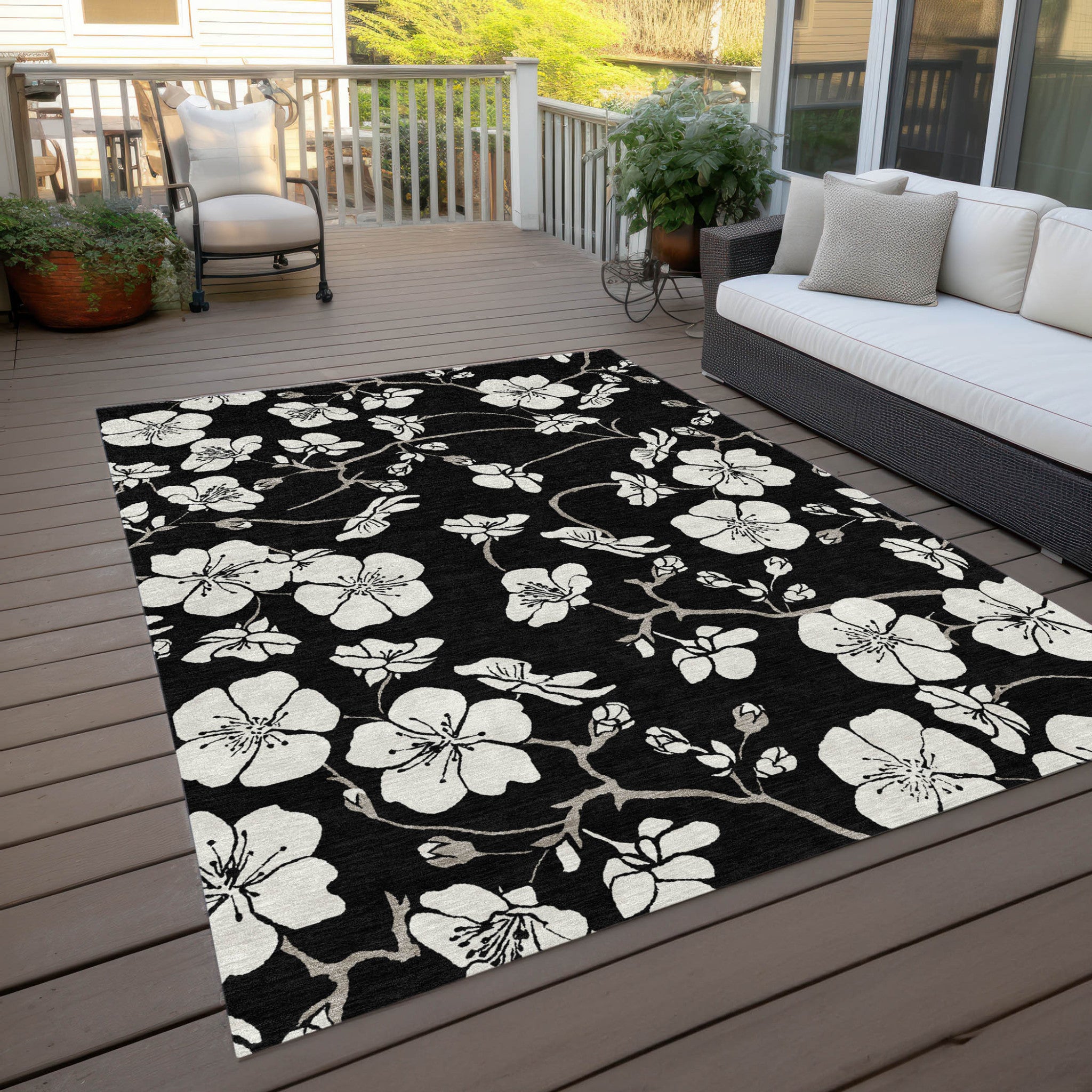 3' X 5' Black Ivory And Gray Floral Washable Indoor Outdoor Area Rug