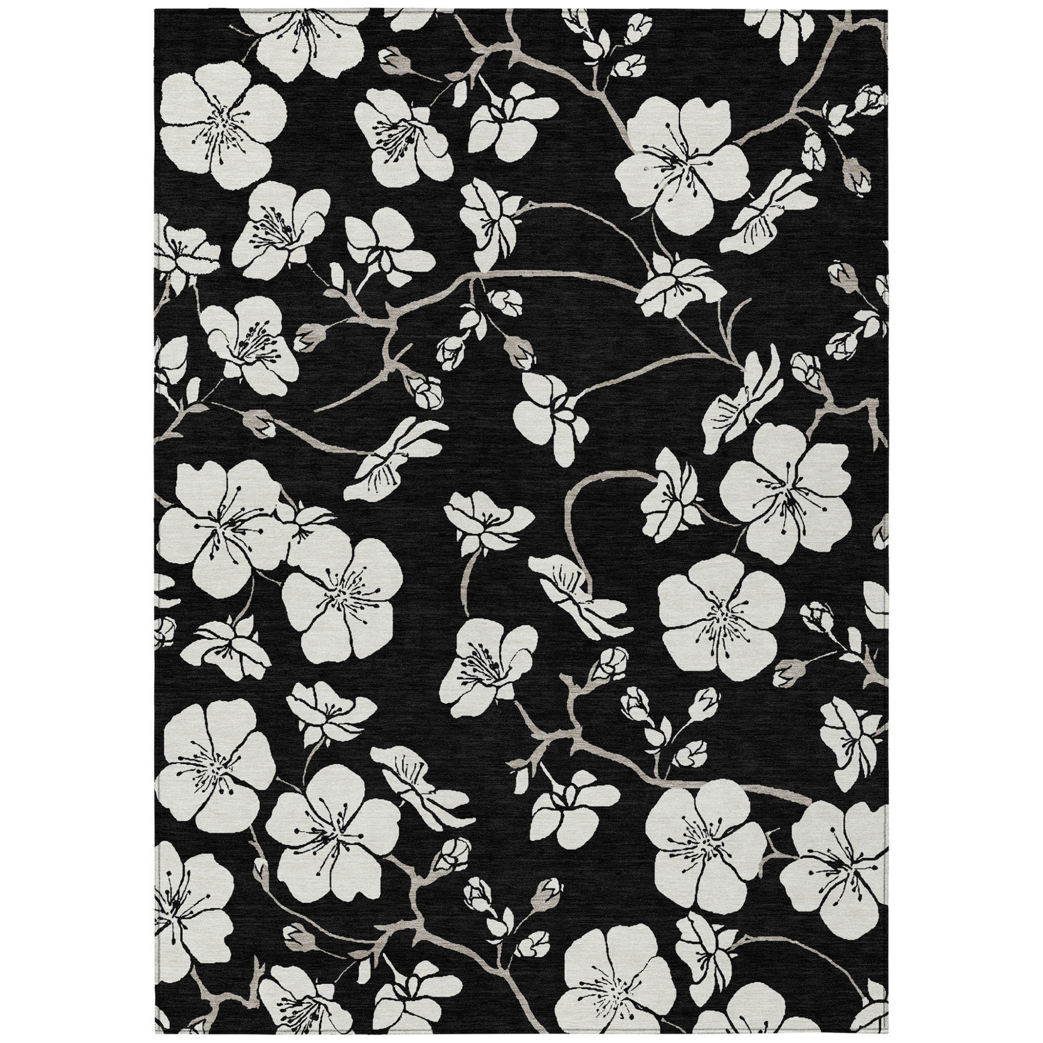 3' X 5' Black Ivory And Gray Floral Washable Indoor Outdoor Area Rug