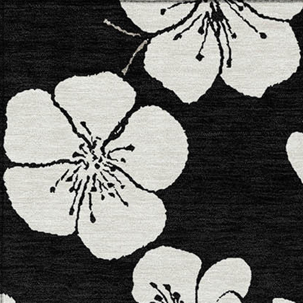 3' X 5' Black Ivory And Gray Floral Washable Indoor Outdoor Area Rug