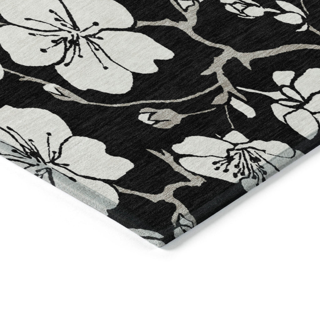 3' X 5' Black Ivory And Gray Floral Washable Indoor Outdoor Area Rug