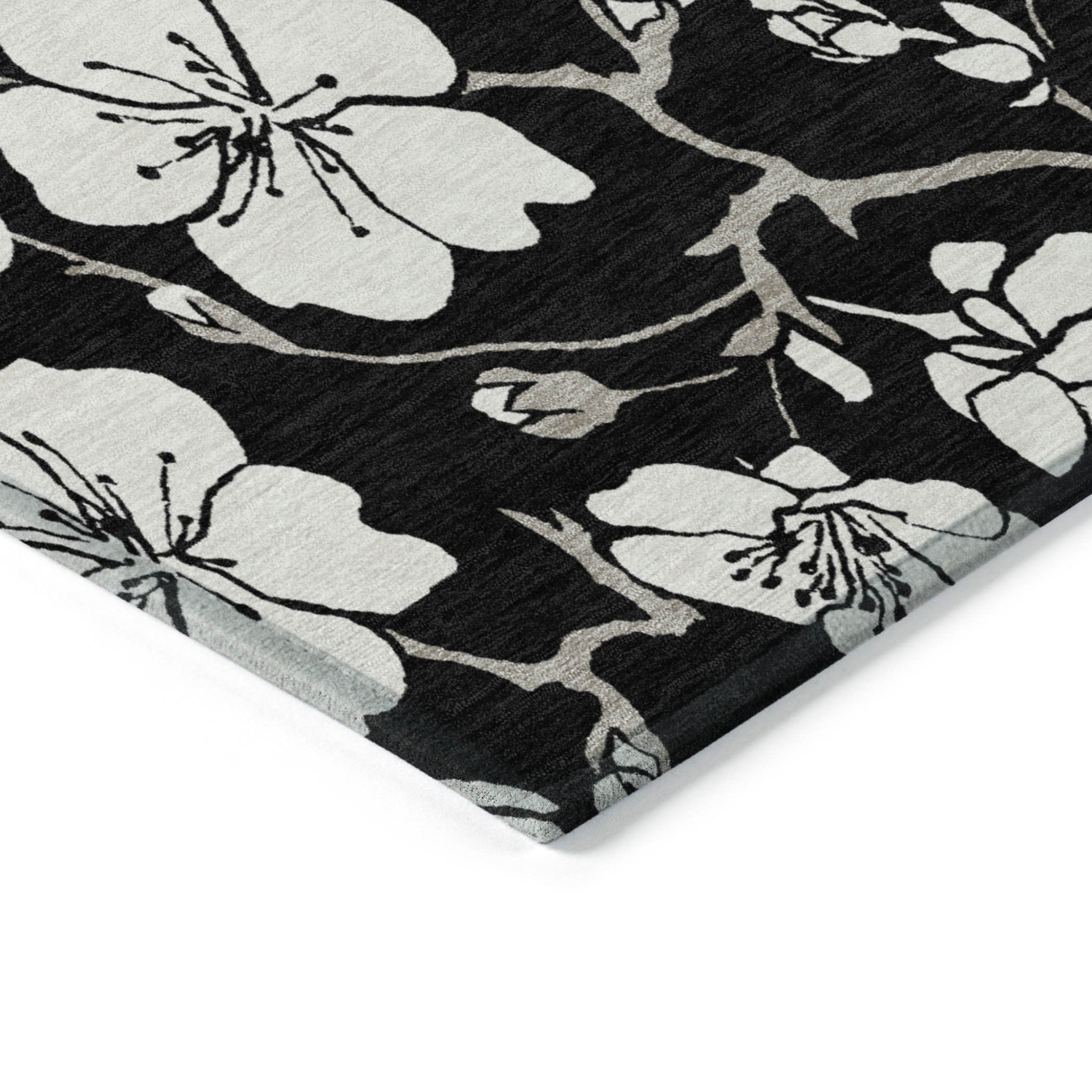 3' X 5' Black Ivory And Gray Floral Washable Indoor Outdoor Area Rug