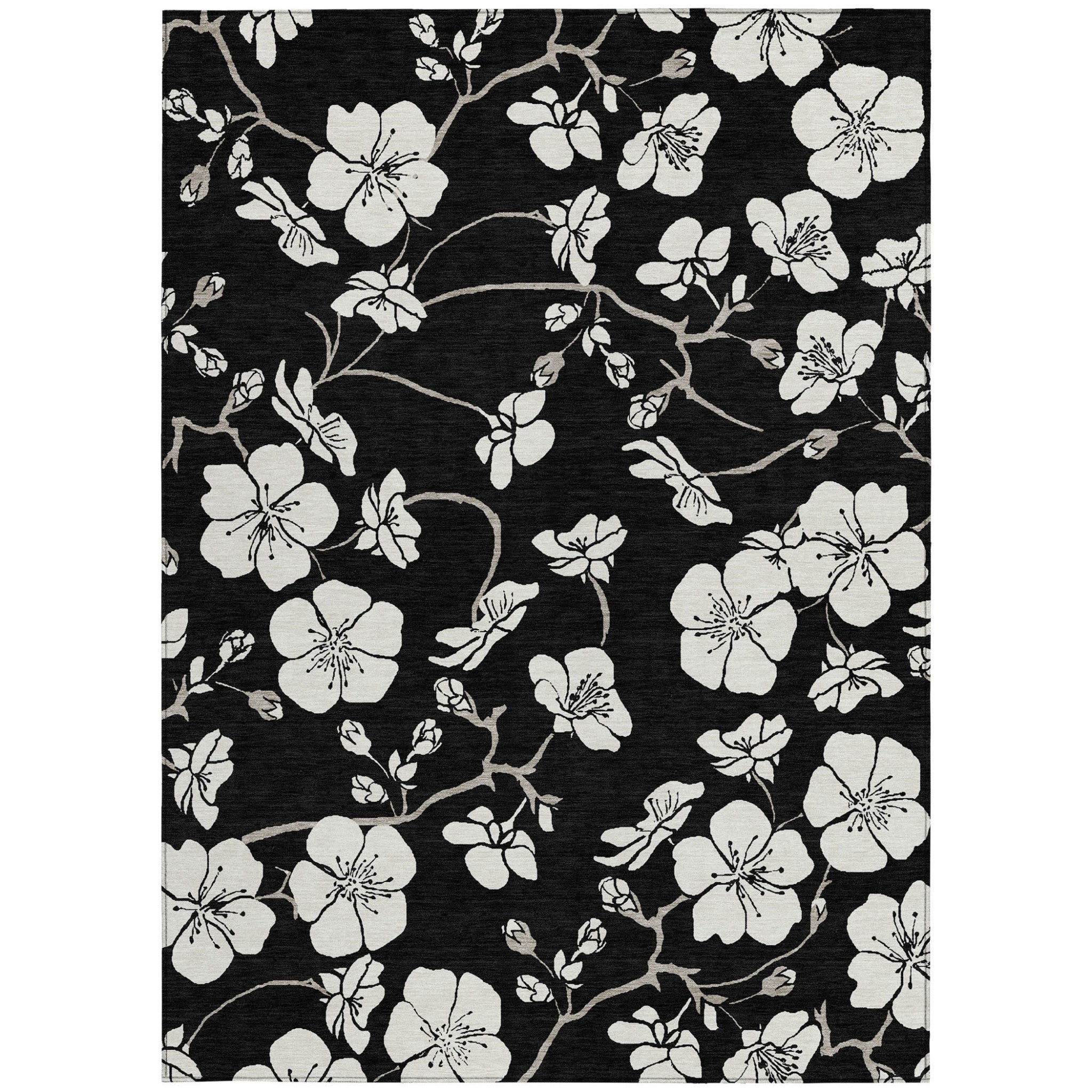 3' X 5' Black Ivory And Gray Floral Washable Indoor Outdoor Area Rug