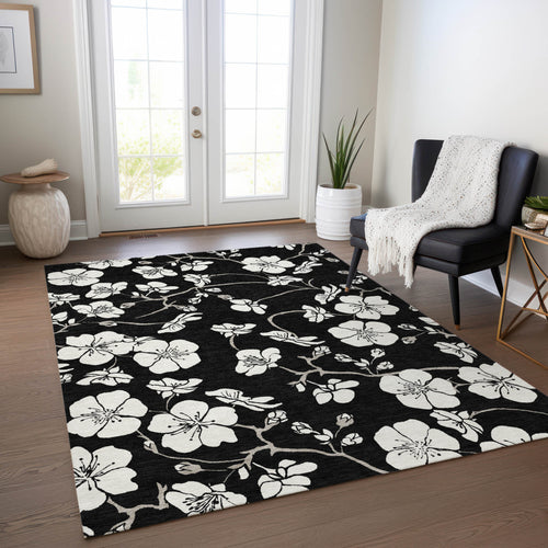 3' X 5' Black Ivory And Gray Floral Washable Indoor Outdoor Area Rug