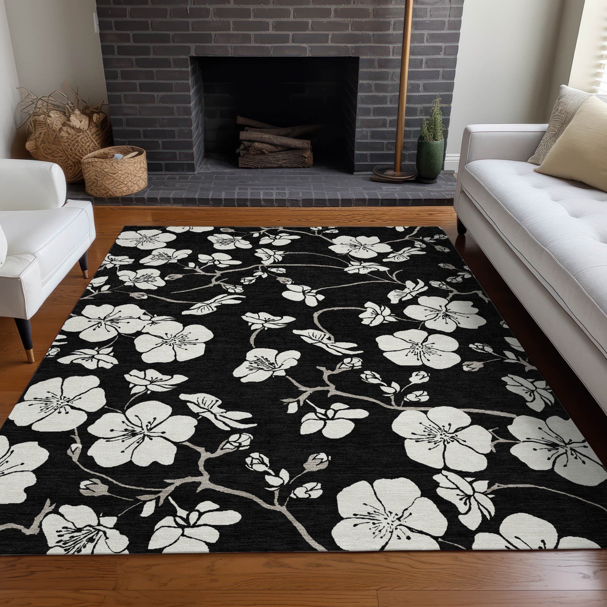 3' X 5' Black Ivory And Gray Floral Washable Indoor Outdoor Area Rug