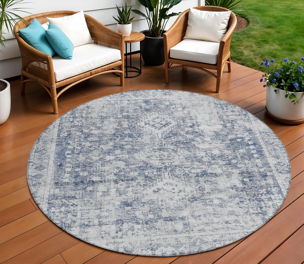 8' Navy Blue Round Oriental Washable Indoor Outdoor Area Rug