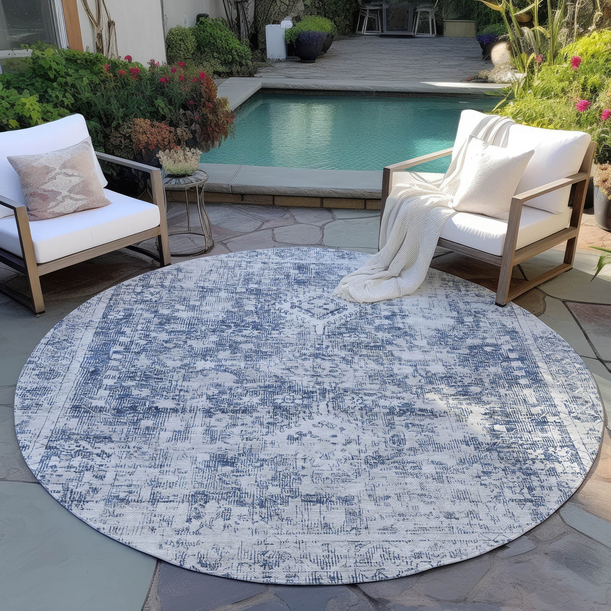 8' Navy Blue Round Oriental Washable Indoor Outdoor Area Rug